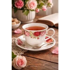 Roy Kirkham England 2004 Garden Rose Bone China Teacup & Saucer Set